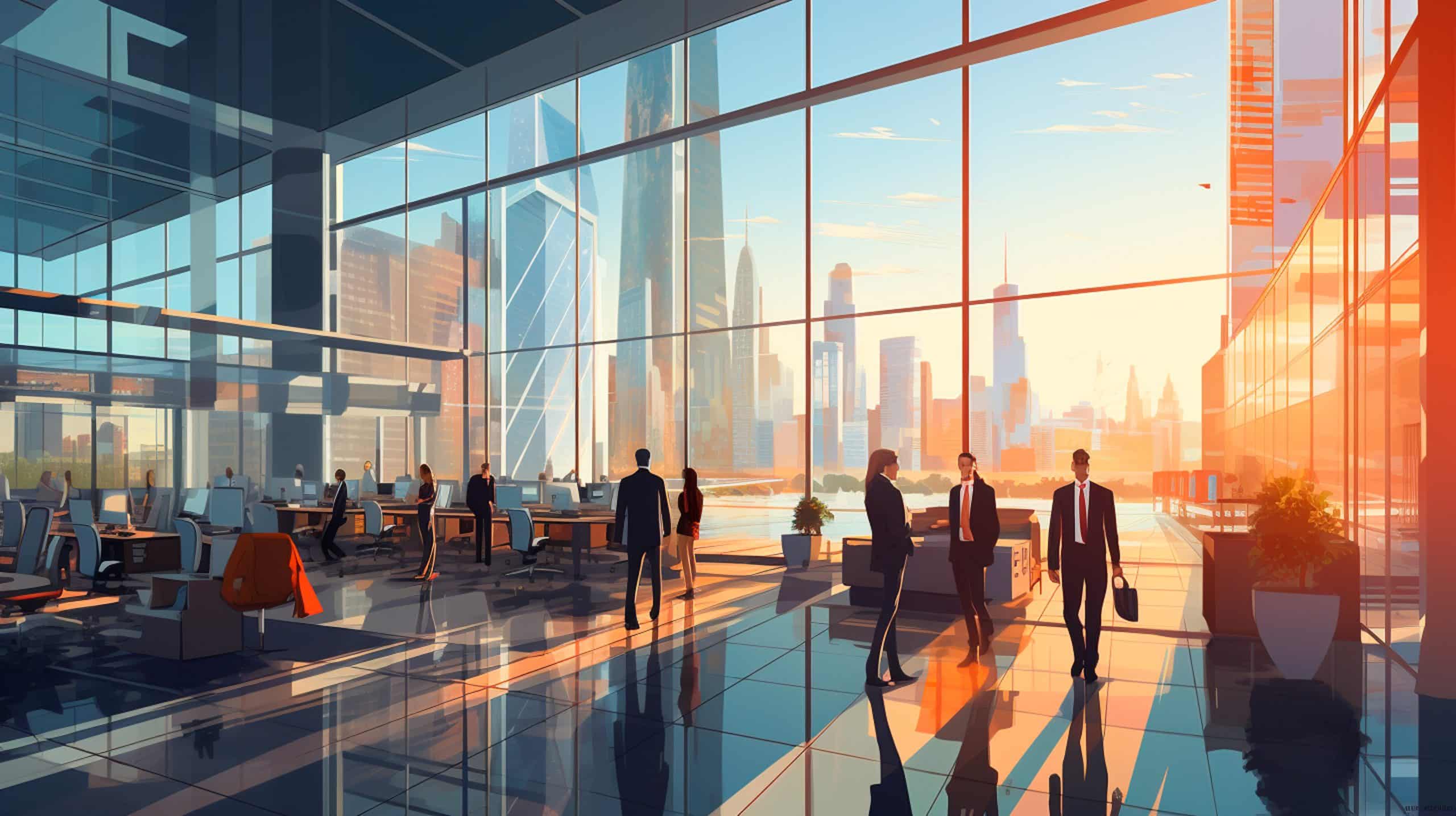 group young people walking modern office lobby scaled